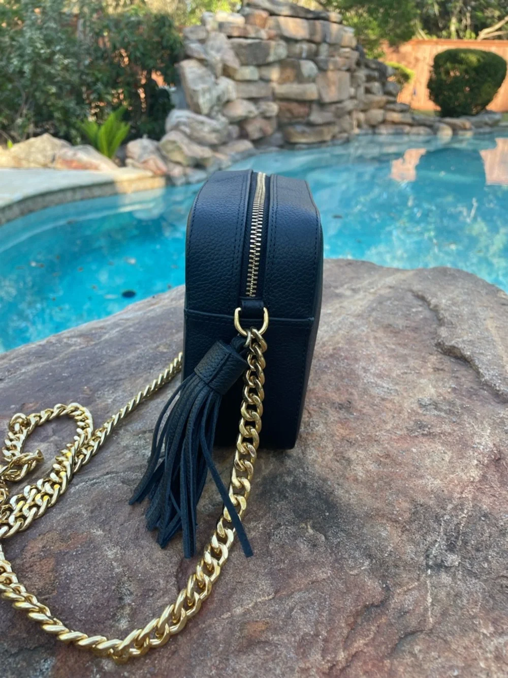 Black Leather Crossbody with Gold Chain and Tassel Accent by Avorigen (CdlG)
